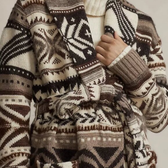 Polo Ralph Lauren Wool-Alpaca-Blend Geo-Motif Shawl Collar Belt Coatigan  M $798 - Picture 6 of 16